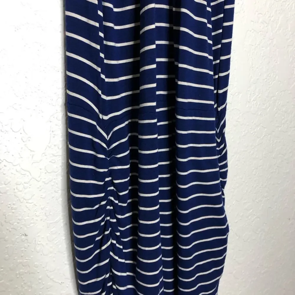 Athleta blue white striped ruched skirt racerback tank midi dress size Medium